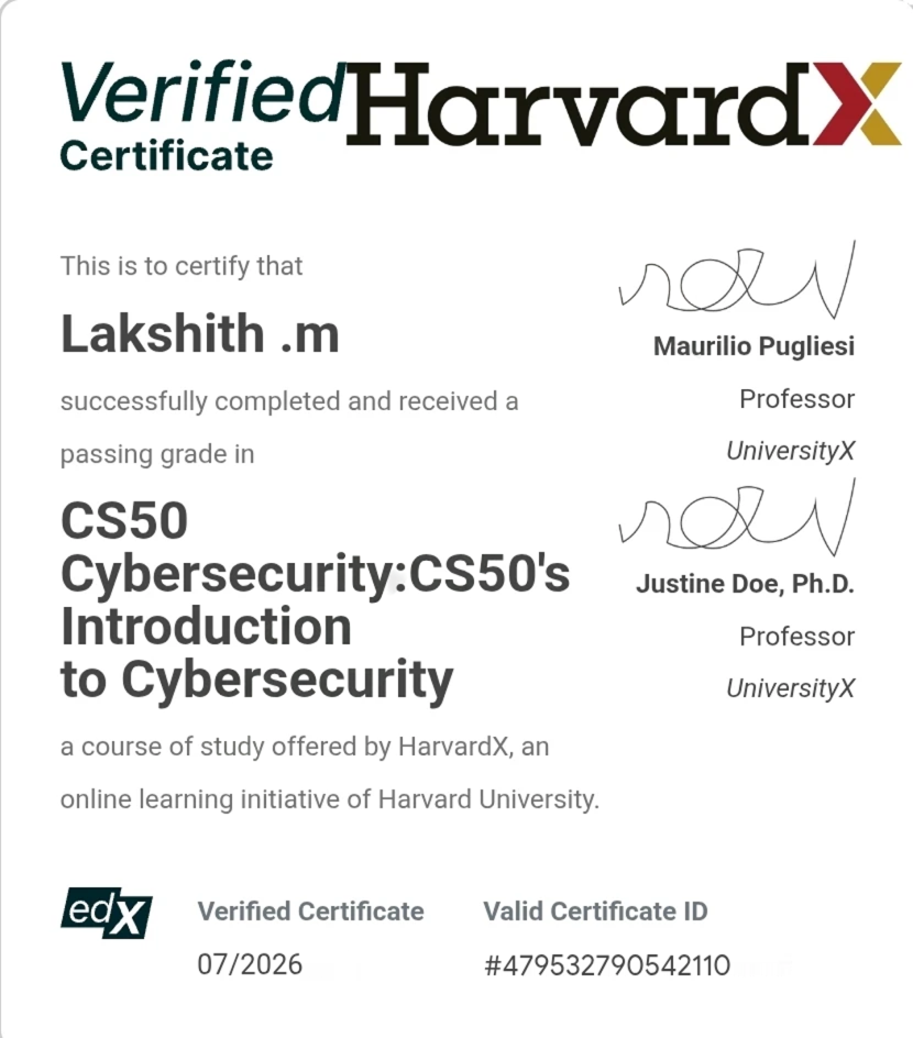 HarvardX CS50 Cybersecurity Verified Certificate